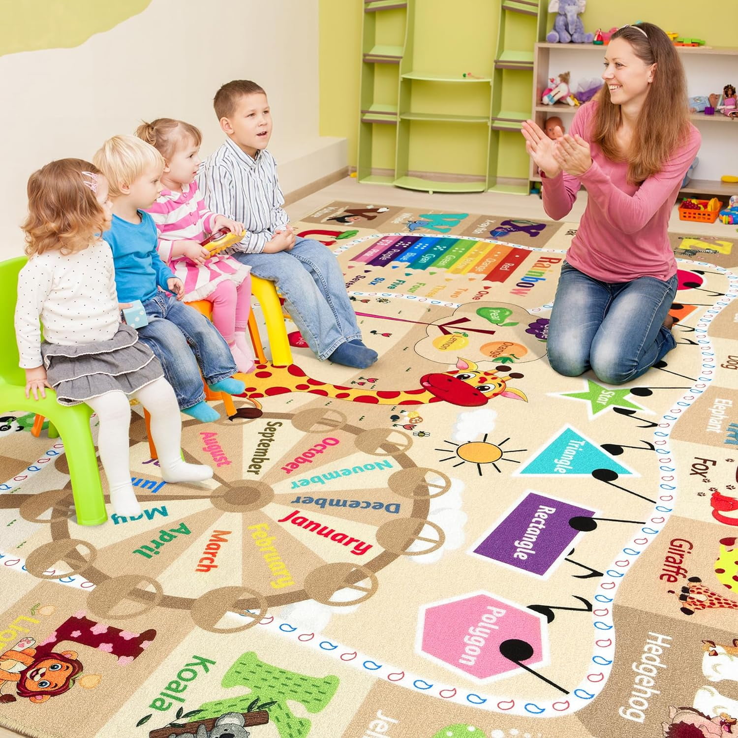 Noahas Playroom Rug Daycare Kids Rug 6x9,Educational and Fun Nursery Rug with ABC Alphabet Animals Classroom Rug Washable Kids Play Mat Baby Toddler Children Boys Rugs for Bedroom,Beige
