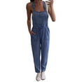 thumbnail image 2 of UPPADA Womens Strap Jumpsuit Solid Square Neck Overalls Wide Leg Bibbed Pants Outfits with Pockets Business Casual Jumpsuit Loose Overall Jumpsuit for Women Blue,L, 2 of 7