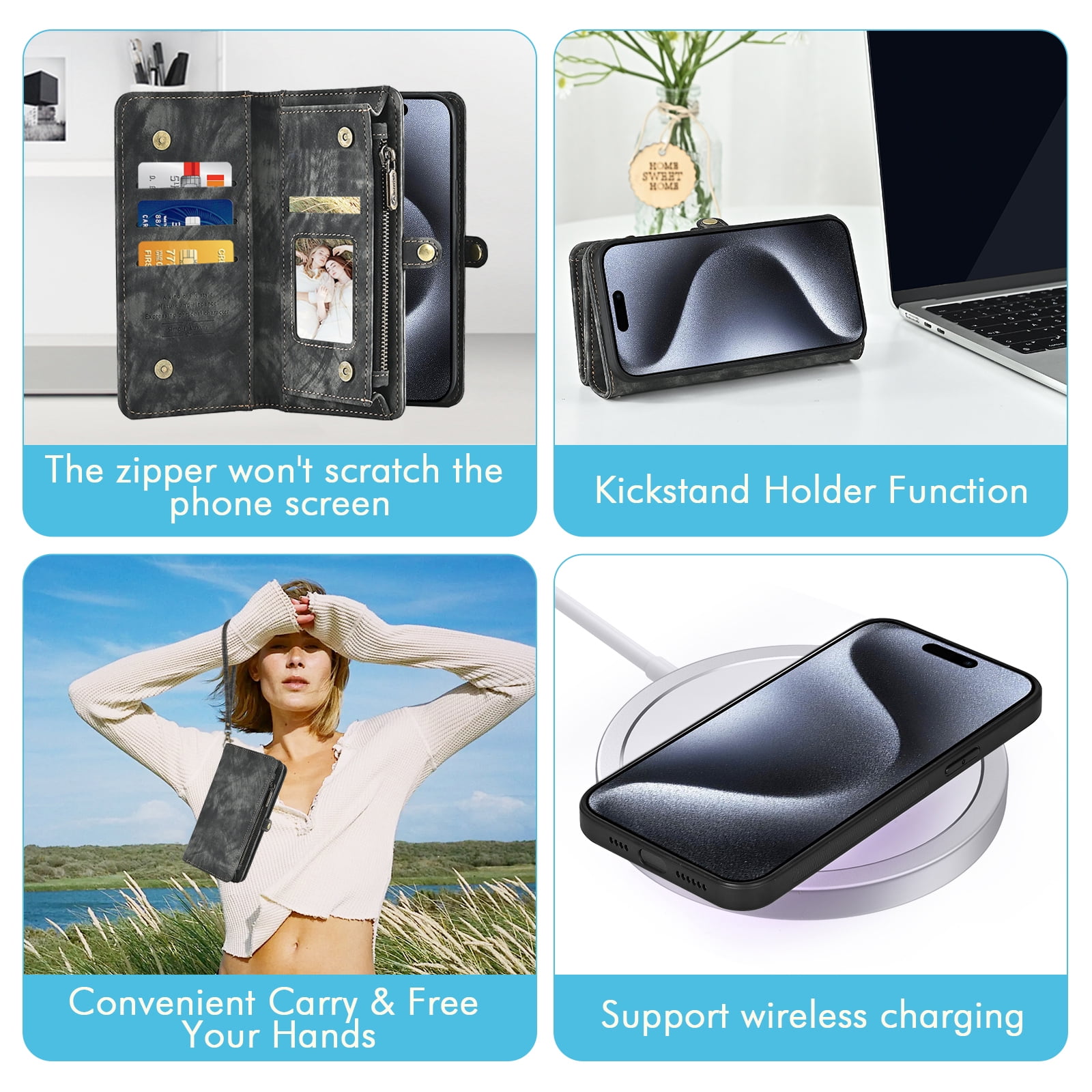 Asuwish Compatible with iPhone 16 Pro Max 6.9 inch Phone Case Zipper Wallet Tempered Glass Screen Protector Strap Flip Card Holder Cell Cover for i Phone16 16Pro i16 ProMax 16ProMax Women Girls Black
