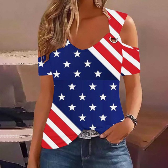 Fiudx Ofertas Relámpago Top de Manga Corta con Cuello En V y Hombros Descubiertos Sexy para El Día de La Independencia para Mujer