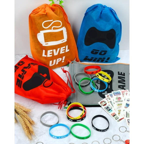 AYUQI Video Game Party Favors Birthday Supplies, Gamer Drawstring Bag Keychain Silicone Bracelet Temporary Tattoo Sticker, Gaming Birthday Party Favor Goodie Bag Stuffers Fillers Classroom Rewards