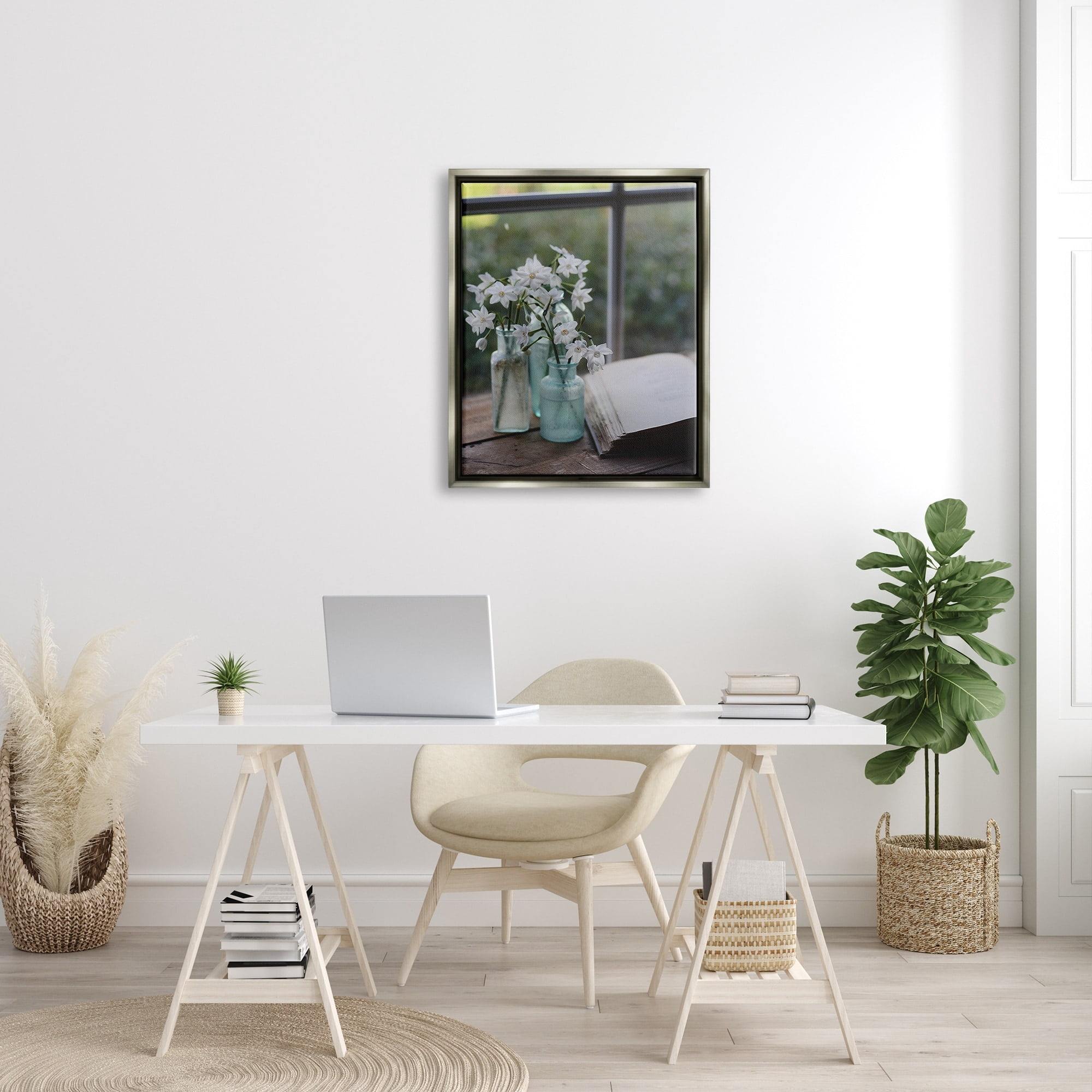 Stupell Industries Delicate White Flowers Cottage Window Book Pages Photograph Luster Gray Floating Framed Canvas Print Wall Art, Design by Claire Brocato