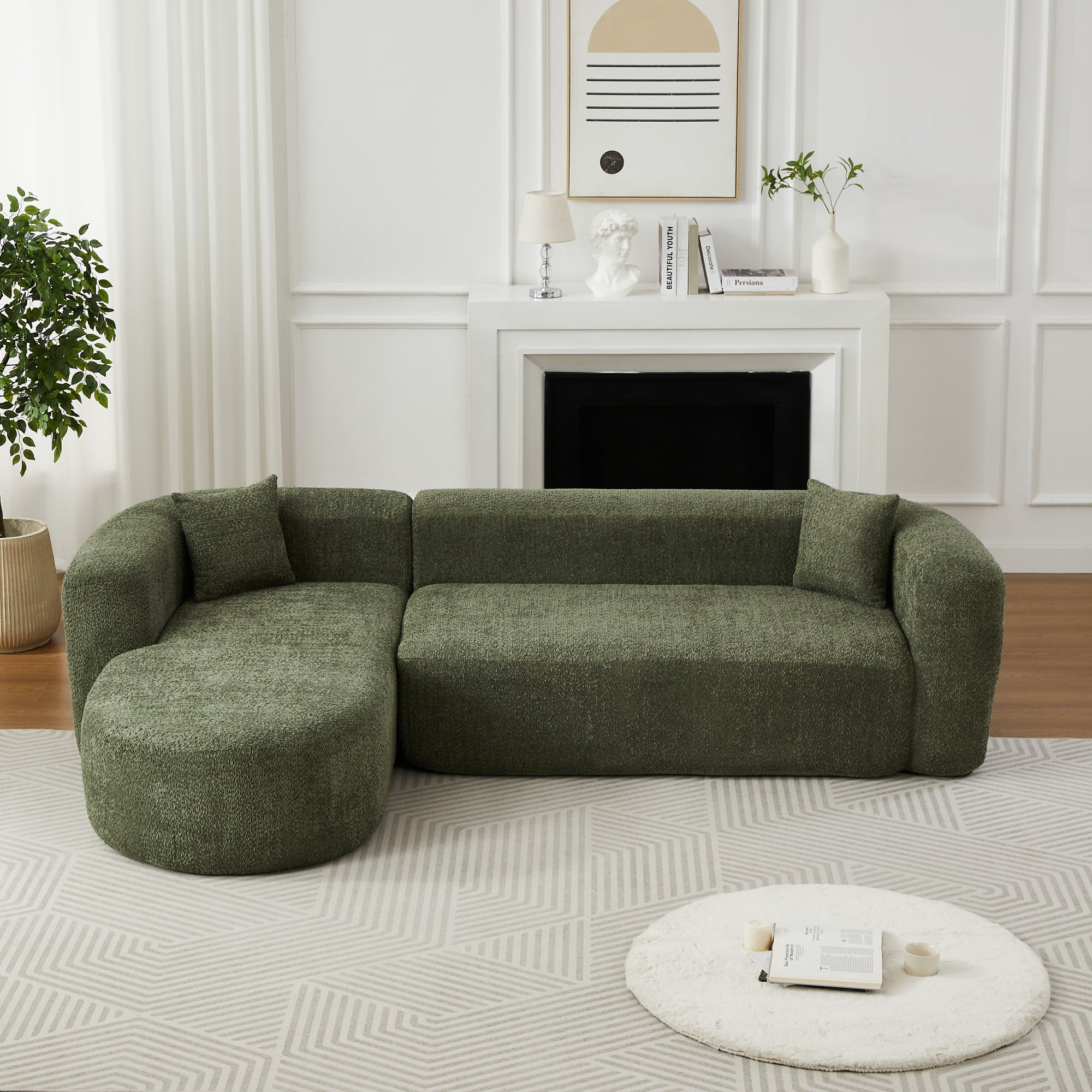 Leumius 109.4" Modern L-Shape Modular Sectional Sofa, Luxury Modern Curved Back Sofa with 2 Throw Pillows, Minimalist Boneless Cloud Couch Green