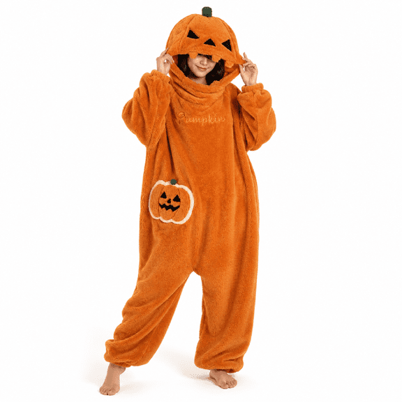 Pumpkin Onesie Halloween Fleece Costume for Women, Oversized Hooded Pumpkin Pajamas, Soft Plush One Piece Jumpsuit for Halloween Party, Cosplay, Lounging and Sleepwear