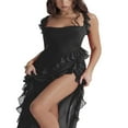 thumbnail image 2 of Femmes Haut Côté Split Mesh Pure Longue Robe Sans Manches Volants Bretelles Irrégulière Ourlet Cocktail Midi Robes Rouge, 2 of 6