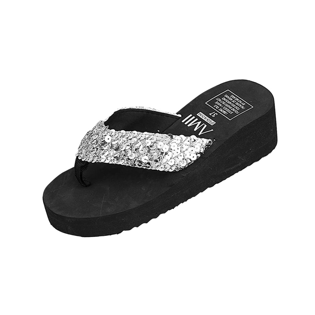 Hanxue Womens Glitter Chunky Wedge Flip-Flops Sandals 
