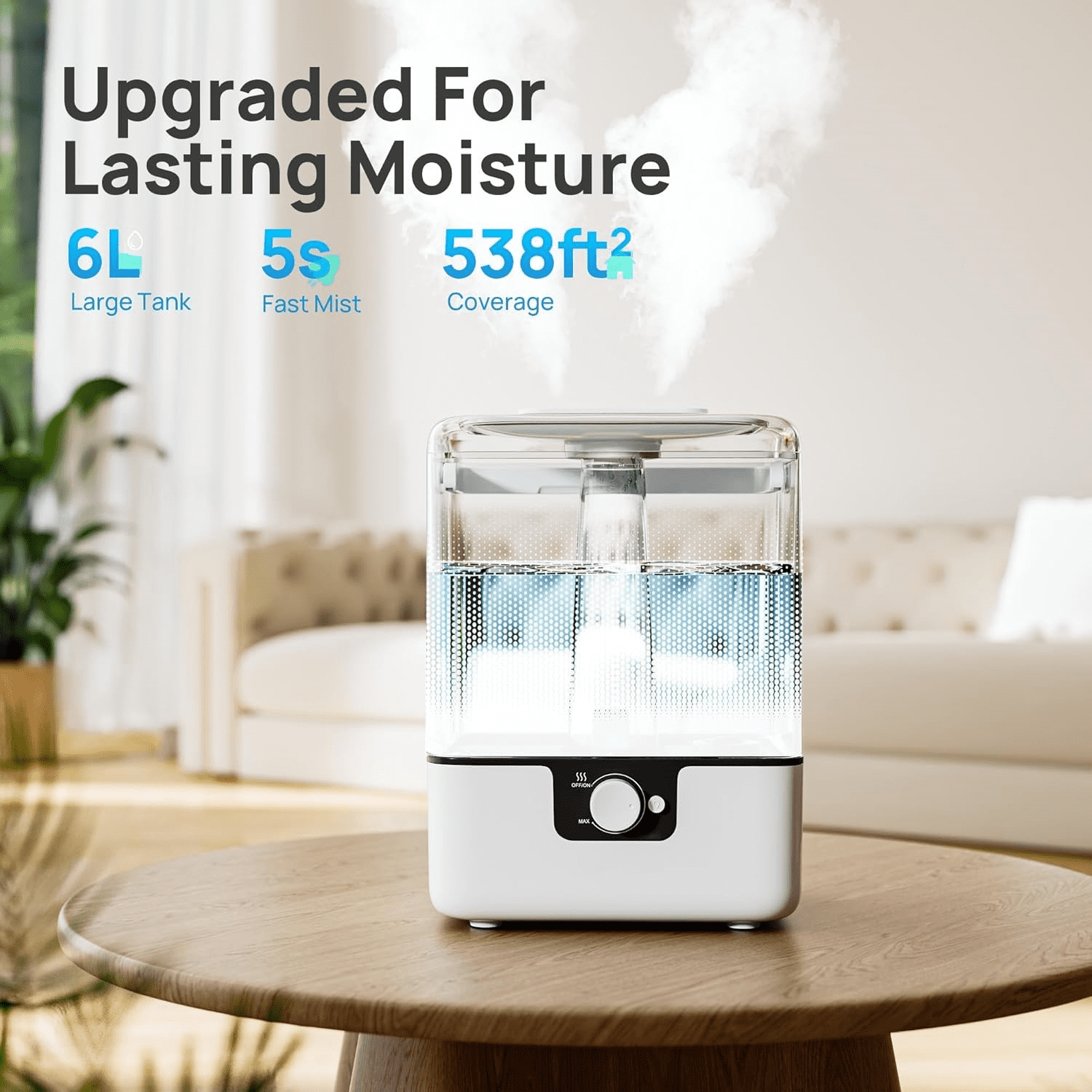 6L Humidifiers for Bedroom Large Room Home, Cool Mist Top Fill Humidifiers for Baby Nursery and Plants, 26dB Quiet, Nightlight, Up to 50 Hours, Oil Diffuser 1 Pack + 2 Mist Outlets