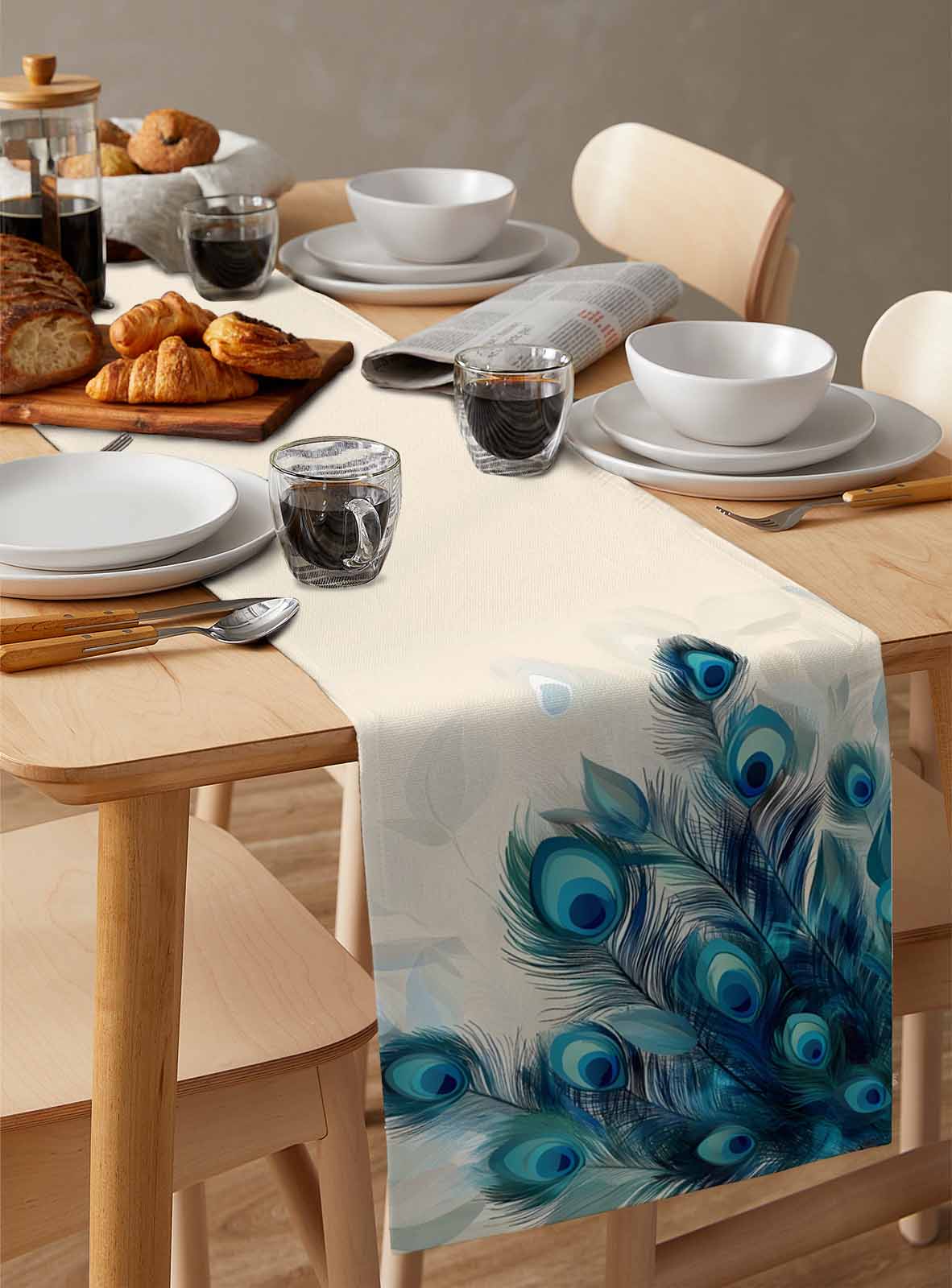 Table Runner Teal Peacock Feather Table Decoration for Kitchen Dinning Green Table Decoration for Indoor Outdoor Party Wedding Decor 13x90 Inch