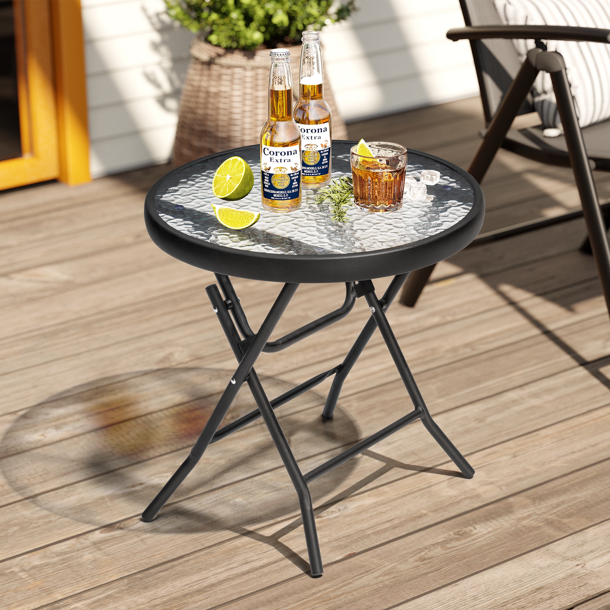 Crestlive Products Outdoor Side Tables Foldable Patio Side Table with Tempered Glass Table Top, Black