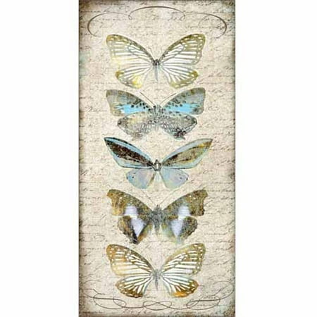 French Country Paintings - Vintage Butterflies Rustic French Antique Swirls Painting Tan & Blue Canvas Art by Pied Piper Creative