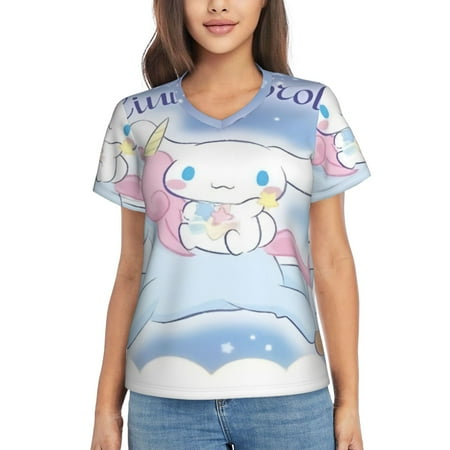 

Cinnamoroll Women S Classic-Fit Cotton Short-Sleeve V Neck T-Shirt，Tunic Blouse Top Ladies Casual Loose Top
