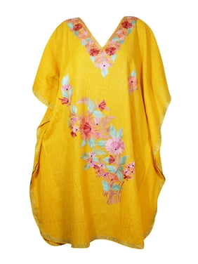 Mogul Women Embellished Sunny Yellow Floral Short Caftan Lounger Cover Up BOHO CHIC Tunic Dress 2XL