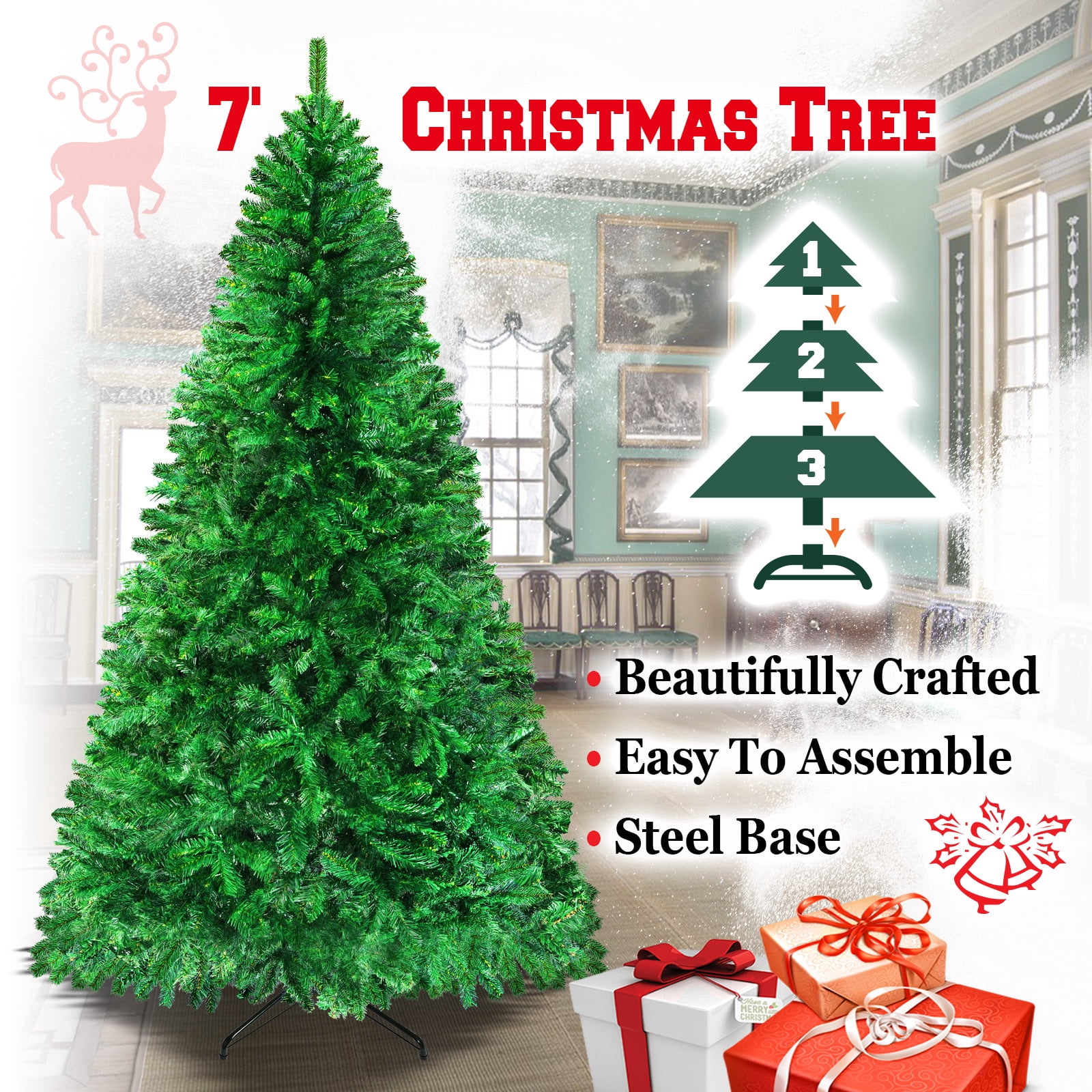 Sunrise 4 Sizes Artificial Christmas Tree w/Metal Stand,Easy Assembly, Green (7 Ft)
