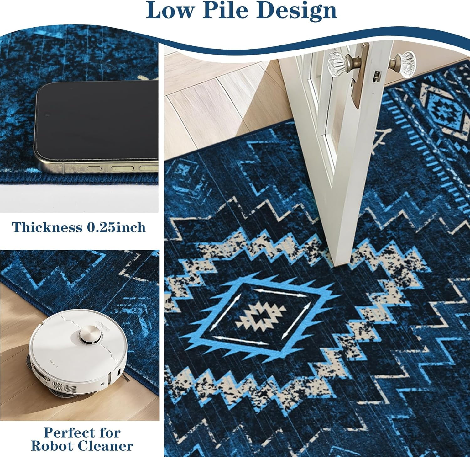Bleum Cade Moroccan Bathroom Rug,Western Washable 2x3 Small Bath Mat, Boho Tribal Soft Non-Slip Geometric Entry Way Rug, Low-Pile Indoor Carpet for Bedside Entrance Laundry,Blue