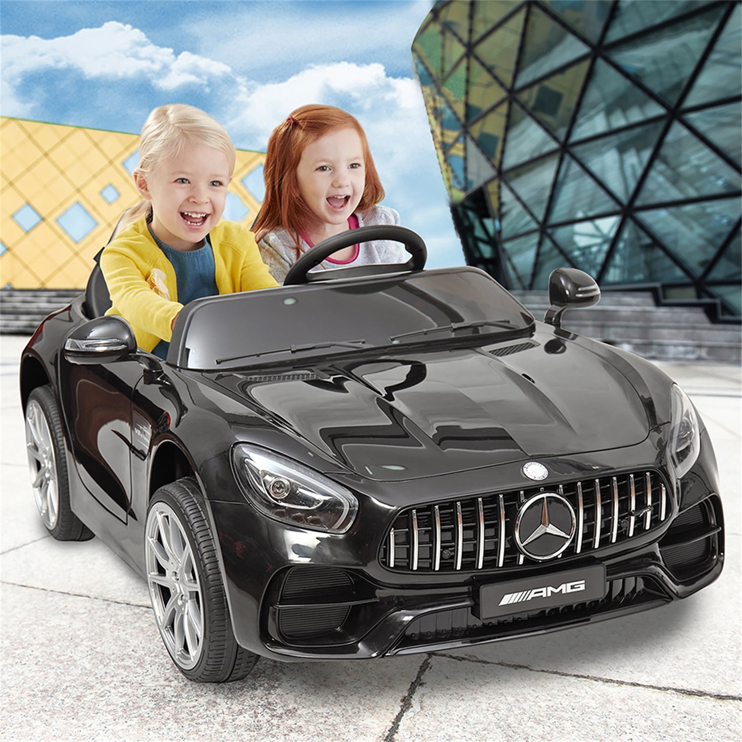 CIPACHO 12V Kids Ride On Toy Car 2-Seat Mercedes-Benz GT Licensed with MP3, Radio, Speed Shift, LED Lights, Black