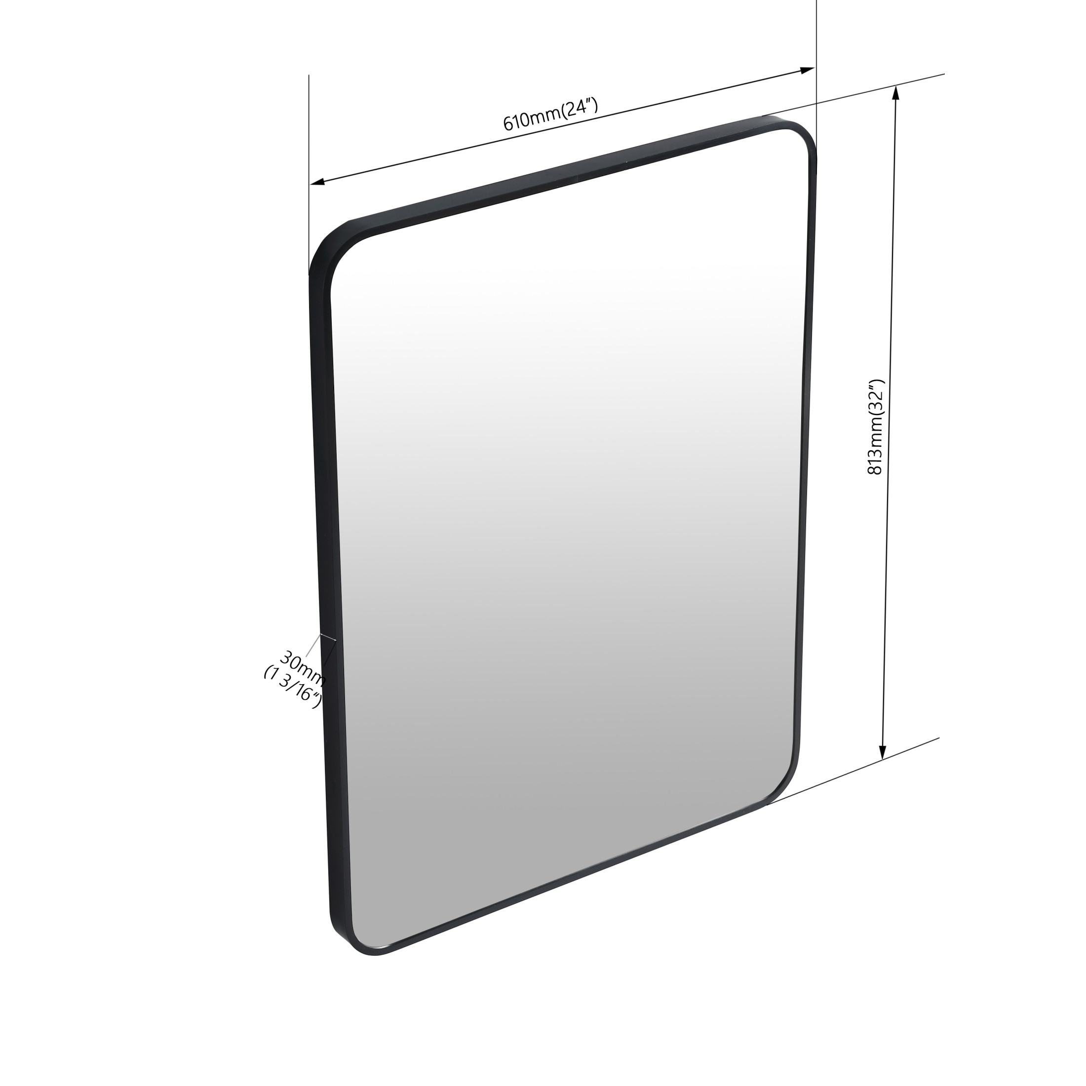 Noble House 24"x32" Bathroom Wall Mirror, Aluminum Frame, 4mm Glass, Vertical Mount, for Living Room, Entryway, Black