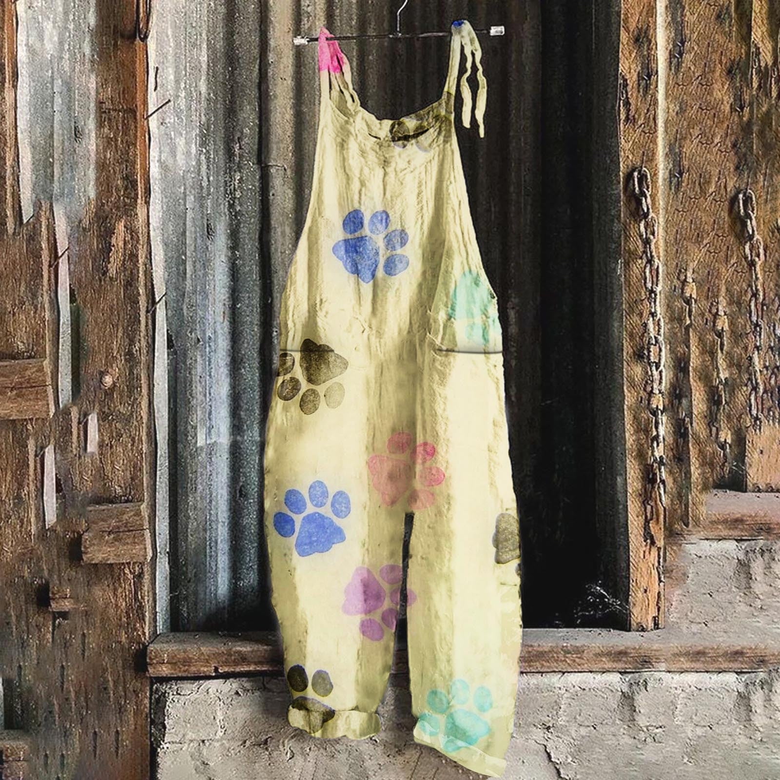 ESSSUT Pantalons pour Femmes Liquidation Combinaisons Longues Sans Manches Imprimées d'Été Dos Nu Ample Jaune L