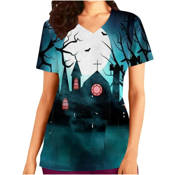 EGNMCR Halloween Scrub Top Women Tops Short Sleeve V-neck Tops Working Uniform Print With Pocket Blouse Halloween Gifts for Women