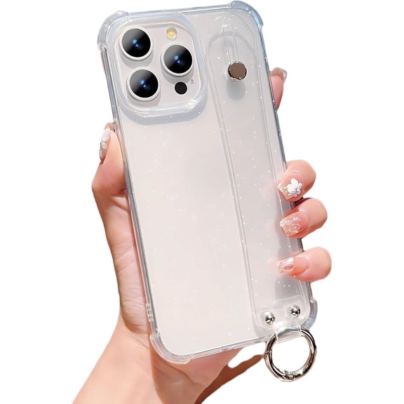 Wrist Strap Holder Clear Bling Glitter Four Corners Shockproof Phone Case for iPhone (Clear,iPhone 17 Pro)