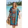 thumbnail image 2 of Oussum Women's Plus Size Tribal Tiki Mask Print Maxi Kaftan Dress, Loose V-Neck Beach Cover Up Resort Lounge Caftan, Blue, 2 of 5
