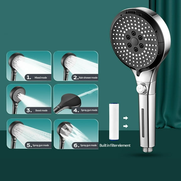 Hovmgk Turbo Shower Head, 6 Modes, High-Pressure Handheld Shower Nozzle with Water Stop Function, Pressurization for Low Water Pressure, Durable Plastic, Easy Install for Home & Family