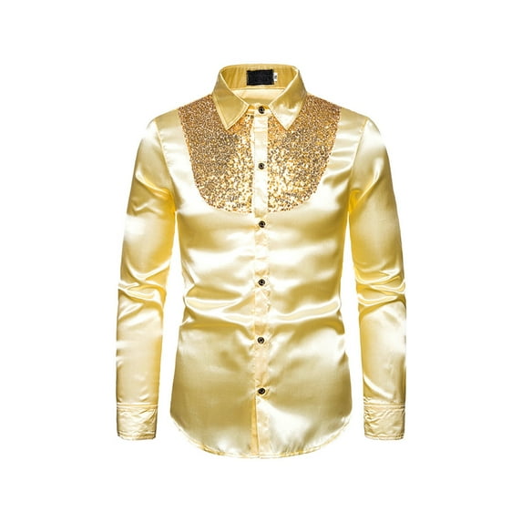 Men Sequins Nightclub Host Shirts Long Sleeve Turn-Down Collar Tops