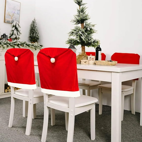 Christmas Chair Covers Set of 4, Red and White Santa Claus Hat Chair Back Covers for Xmas Holiday Festival Indoor Kitchen Bar Counter Stools Decorations Dining Room Table Decor