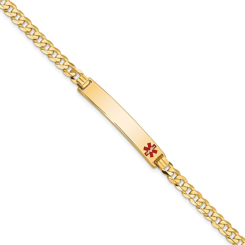 Auriga 14K Yellow Gold Red Enamel Flat Curb Link Id Bracelet 8 inch for Women(L- 8inch, W- 6.5mm)