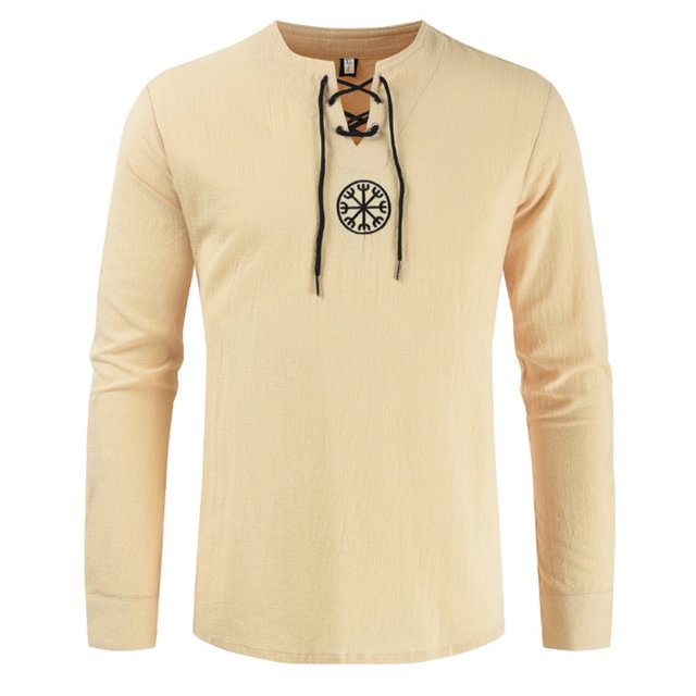Camisas s Para Hombre Manga Larga Camisa de lino y algodón a la moda para hombre, camiseta de Yoga étnica de playa de Color sólido de manga larga (Khaki, L)