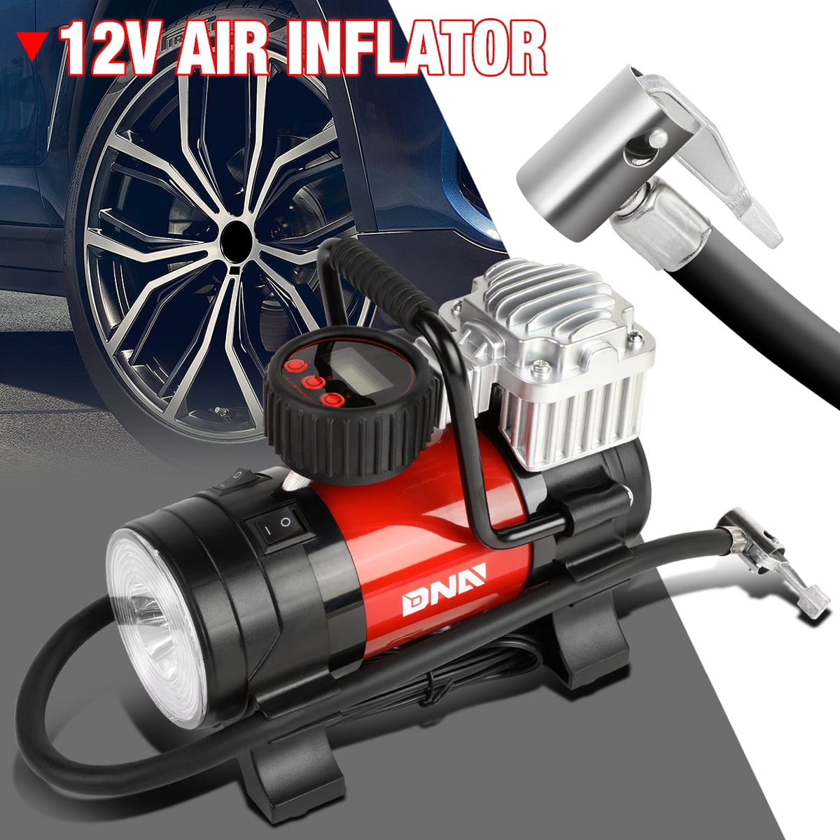 12 V 125 PSI LED Flash Light Air Pump Portable Air Compressor Inflator for Cars, Bikes and Balls