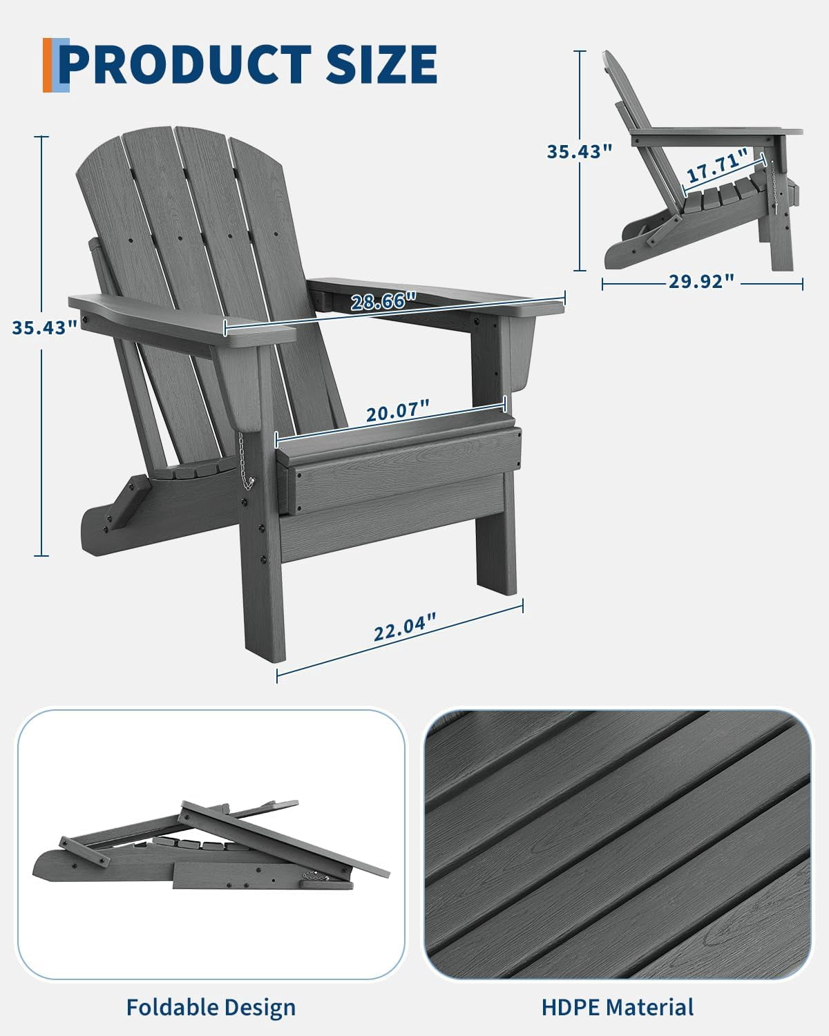 Folding Adirondack Chairs Set of 2, HDPE Plastic Outdoor Chairs with Wood Texture 380 LBS & Weather Resistant for Fire Pit, Deck, Patio, Pool, Backyard Gray