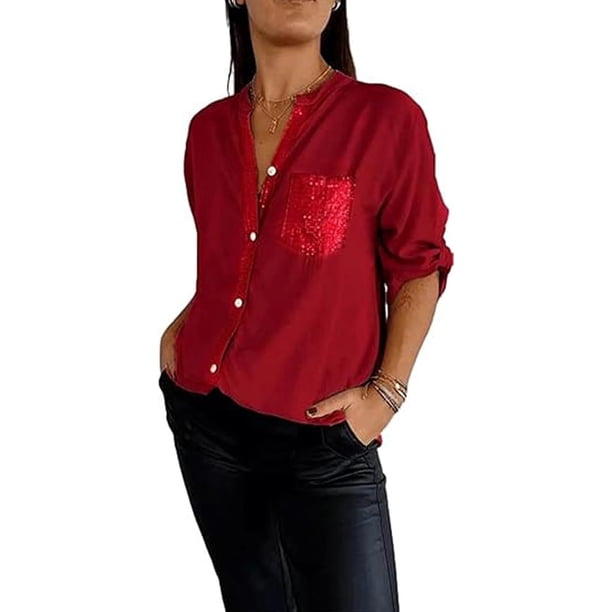 Camiseta informal de algodón con escote en V y lentejuelas de manga corta, camiseta informal con escote en V y lentejuelas brillantes, camiseta Runaivete