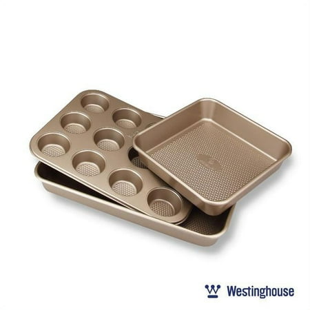 

Westinghouse WH-3 Carbon Steel Baking Pan Set with 1 Square Pan 1 Muffin Tray & 1 Regtangle Deep Tray Premium Non-Stick Coating - 3 Piece