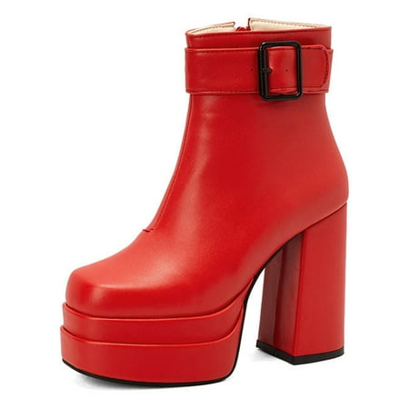 

SIMANLAN Women Sexy Platform Boots Square Toe Shoes Party Belt Buckle Chunky Heeled Boot Red 8