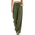 thumbnail image 2 of Vivianyo HD Women's Pleated Front Linen Bottoms, Elastic Drawstring Waist Full Wide Leg Trousers with Side Pockets for Women, Women's Army Green, Sizes S-2XL, 2 of 5