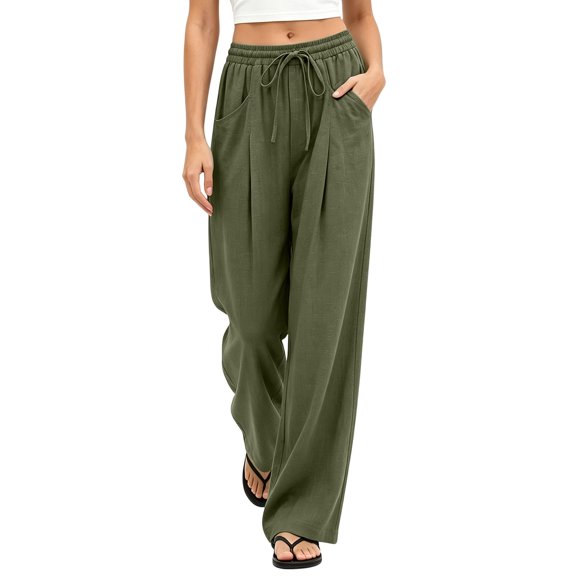 Maplenight Wide Leg Pants for Women Cotton Elastic Waisted Flowy Casual Trousers with Pockets Drawstring Loose Fit Palazzo Pants for Beach
