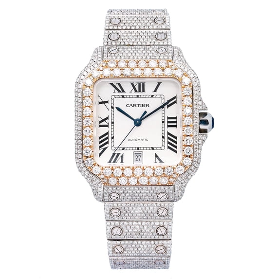 Pre-Owned Cartier Santos 39.8MM WSSA0009 Silver Roman Dial Rose Gold Diamond Bezel Stainless Steel Full Diamond Bracelet 17.96ct