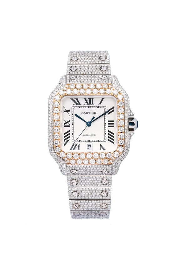 Pre-Owned Cartier Santos 39.8MM WSSA0009 Silver Roman Dial Rose Gold Diamond Bezel Stainless Steel Full Diamond Bracelet 17.96ct