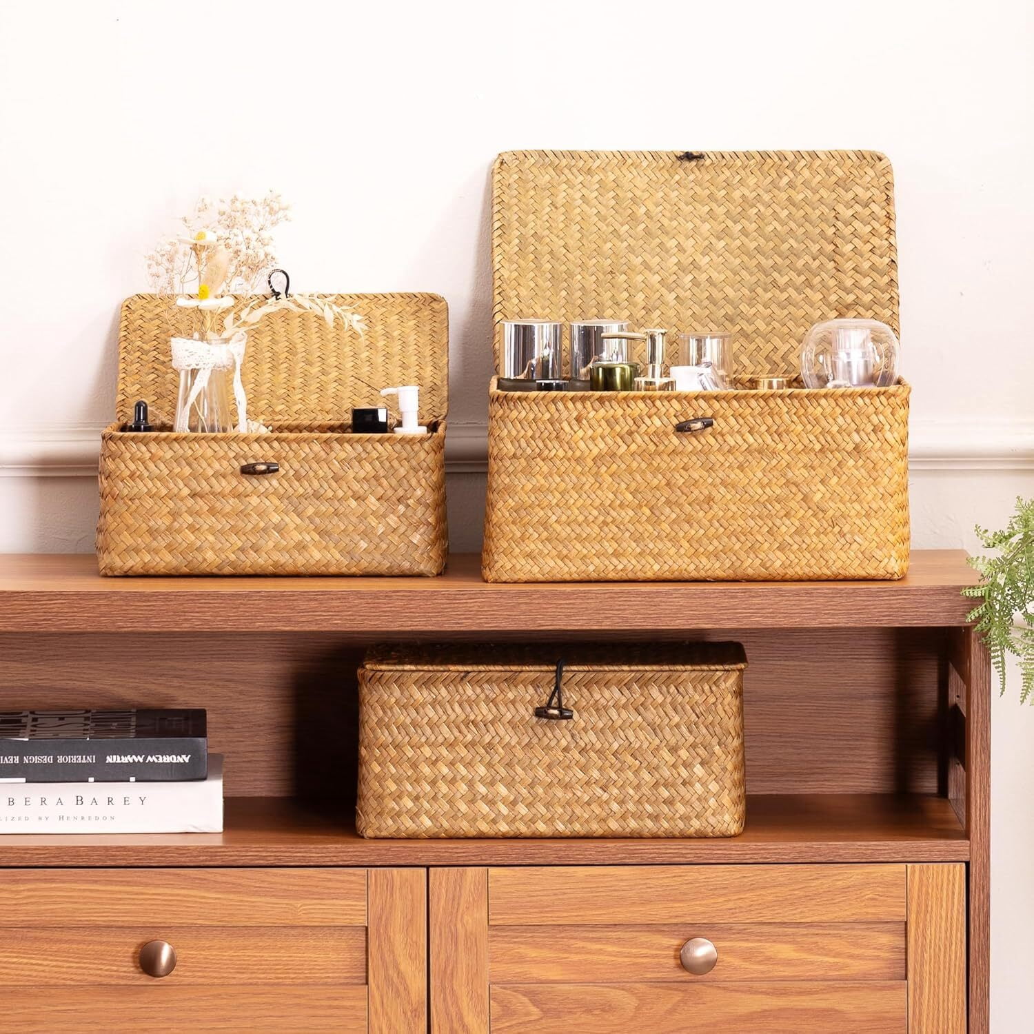 Woven Wicker Storage Bins with Lid, Seagrass Basket for Shelf Organizer, Extra Large, Set of 3