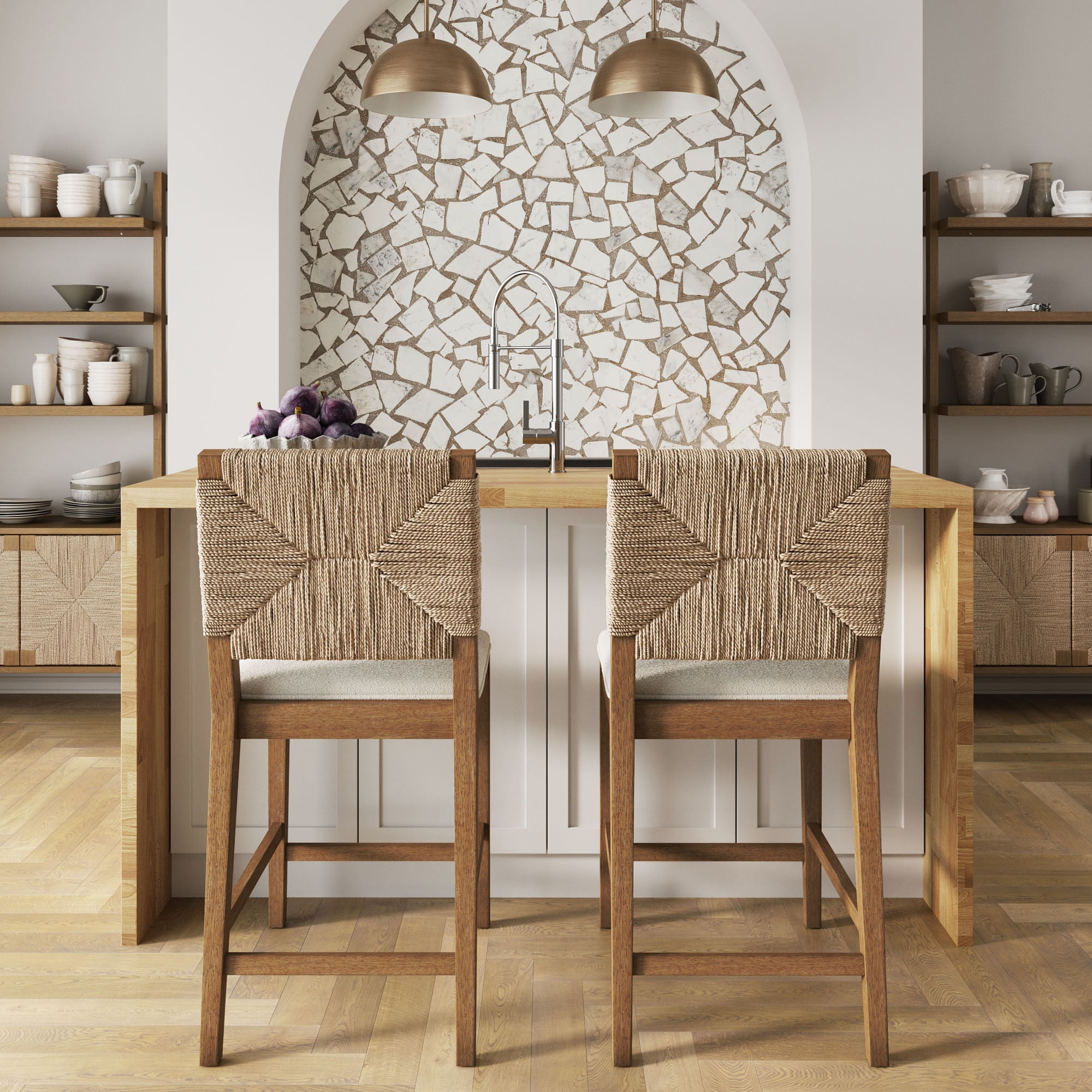 Nathan James Beacon Woven Seagrass Back Counter Height Bar Stools, Cream/Light Brown