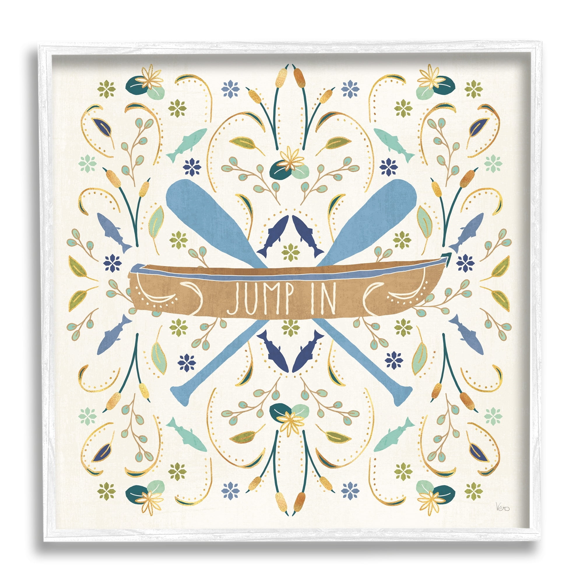 Stupell Industries Jump In Botanical Patterned Canoe Boat Crossed Ores Graphic Art White Framed Art Print Wall Art, Design by Veronique Charron