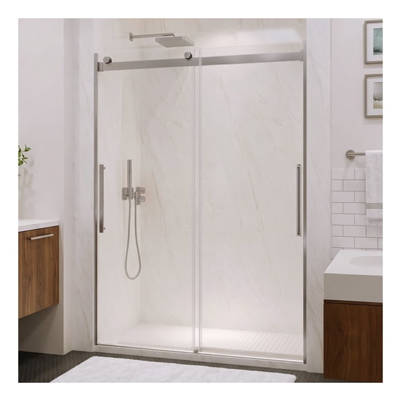 Stellar Series 51 to 54 in. x 76 in. Sliding Bypass Frameless Shower Door in Brushed Nickel with Tsunami Guard Tempered Clear Glass