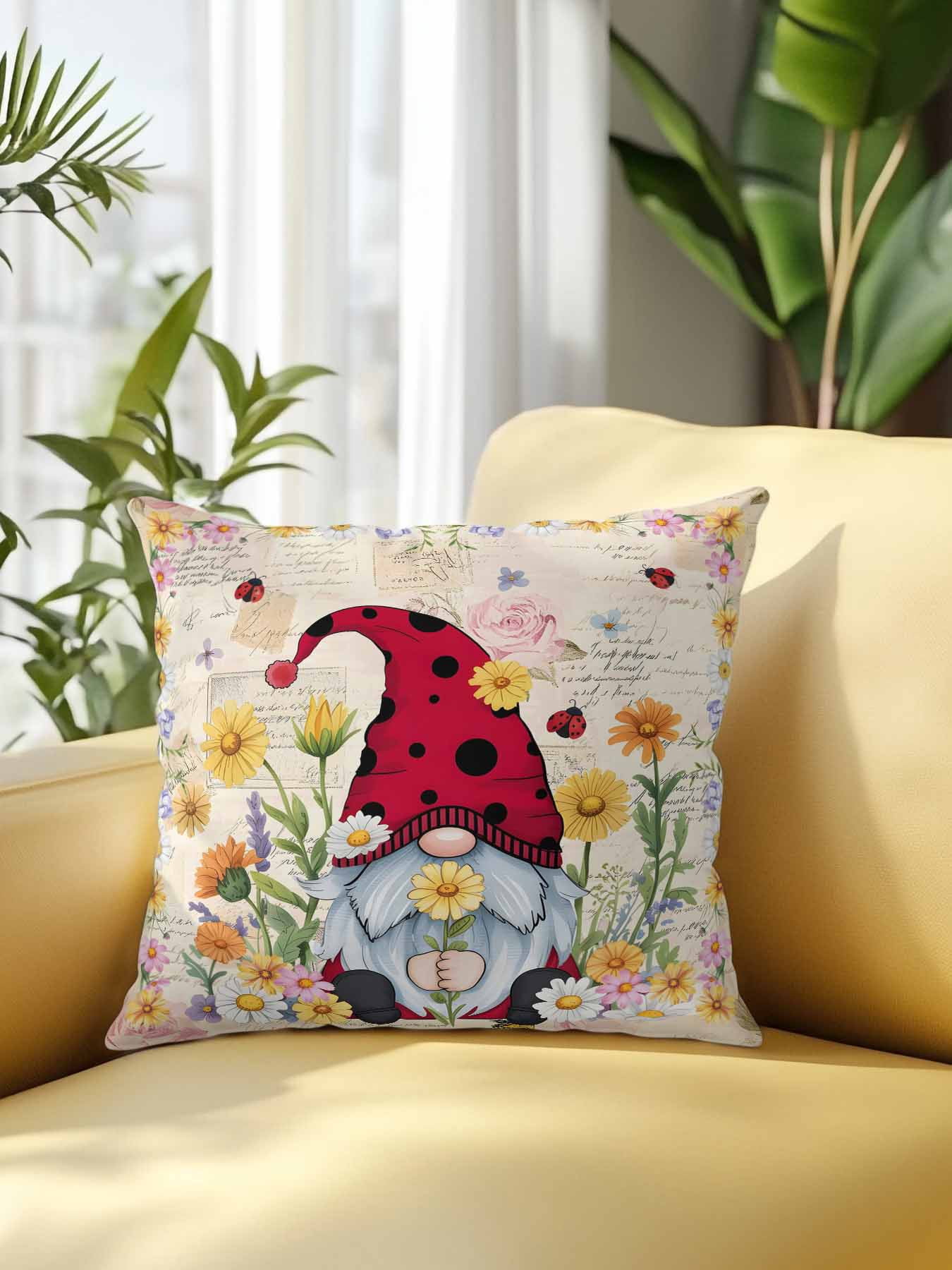 Outdoor Pillows Waterproof, Farmhouse Gnomes Bedding Throw Pillows with Insert for Couch Sofa Bed, Vintage Pastoral Daisy Floral Country 16x16 Inch Pillowcases Decorative Patio Pillow Set of 1