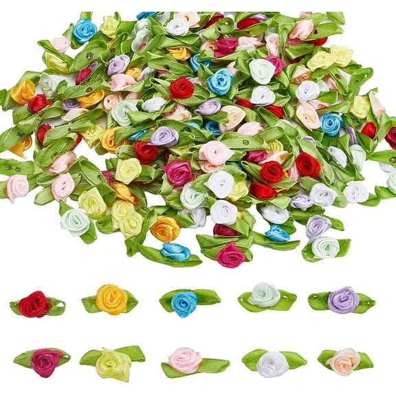 200Pcs 10 colors Mini Ribbon Roses forCrafts Artificial Fabric Flowers with Green Leaves Rosettes Small Flower Satin Ribbons Embellishments Applique