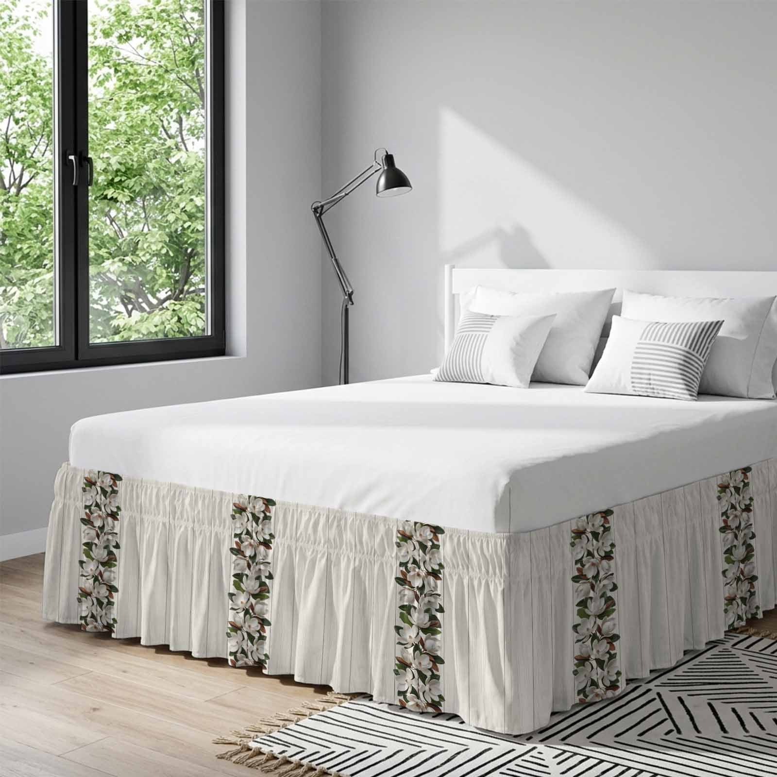 Bed Skirt Retro Magnolia Adjustable Elastic Wrap-Around Dust Ruffle with Flower Leaf Classic Beige Wood Grain Texture 16 Inch Drop, Bed Frame Cover for Queen Size Bed