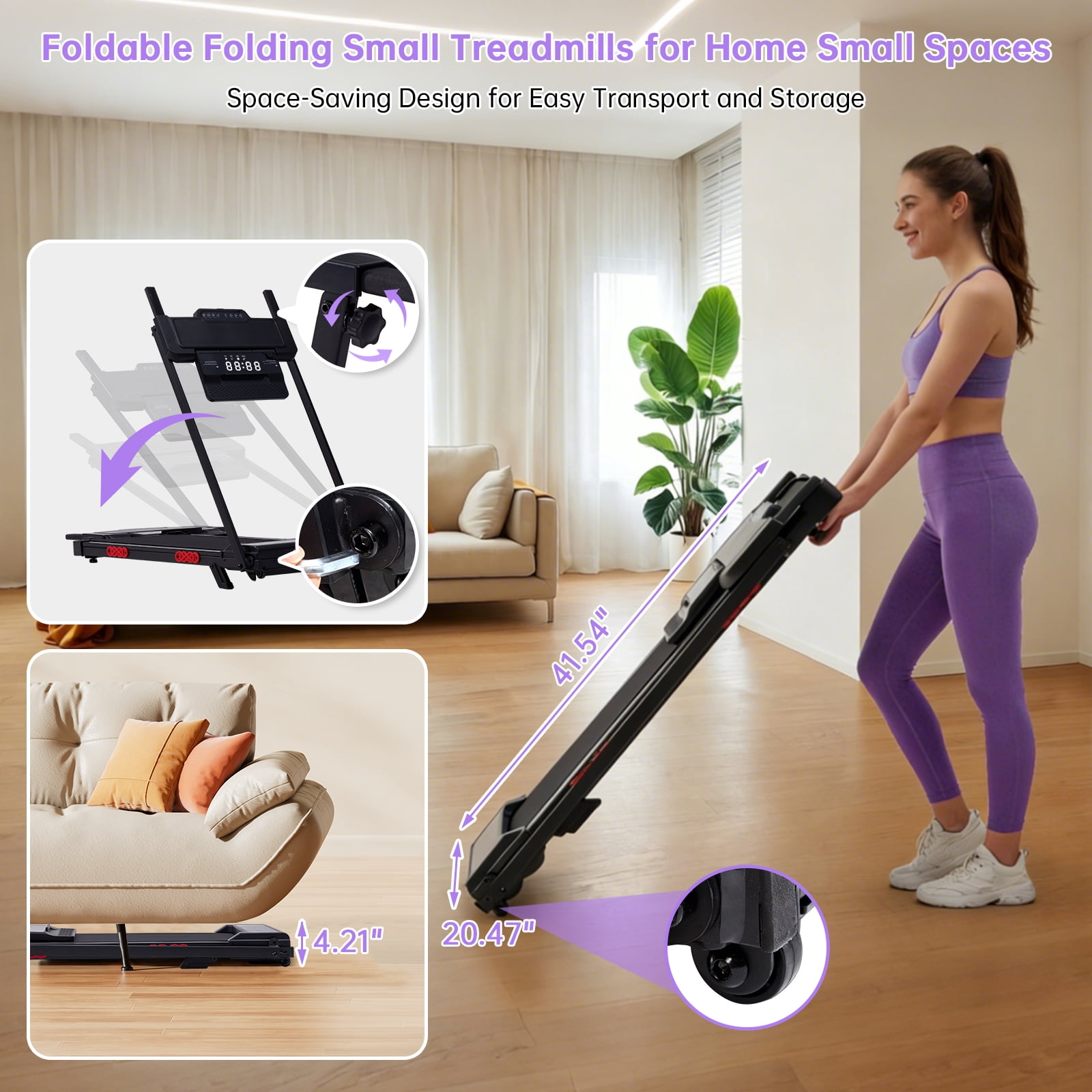 KASSADIN Electric Small Treadmills for Home Small, 3.5HP Walking Pad Treadmill with Handle Bar and Incline, 0.6-10MPH Portable Mini Treadmills for Home Exercising, 400LBS, 12 Preset Programs