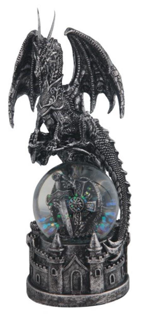 Silver Dragon Figurine With Sparkly Snow Water Globe On Castle 8" High Resin New 