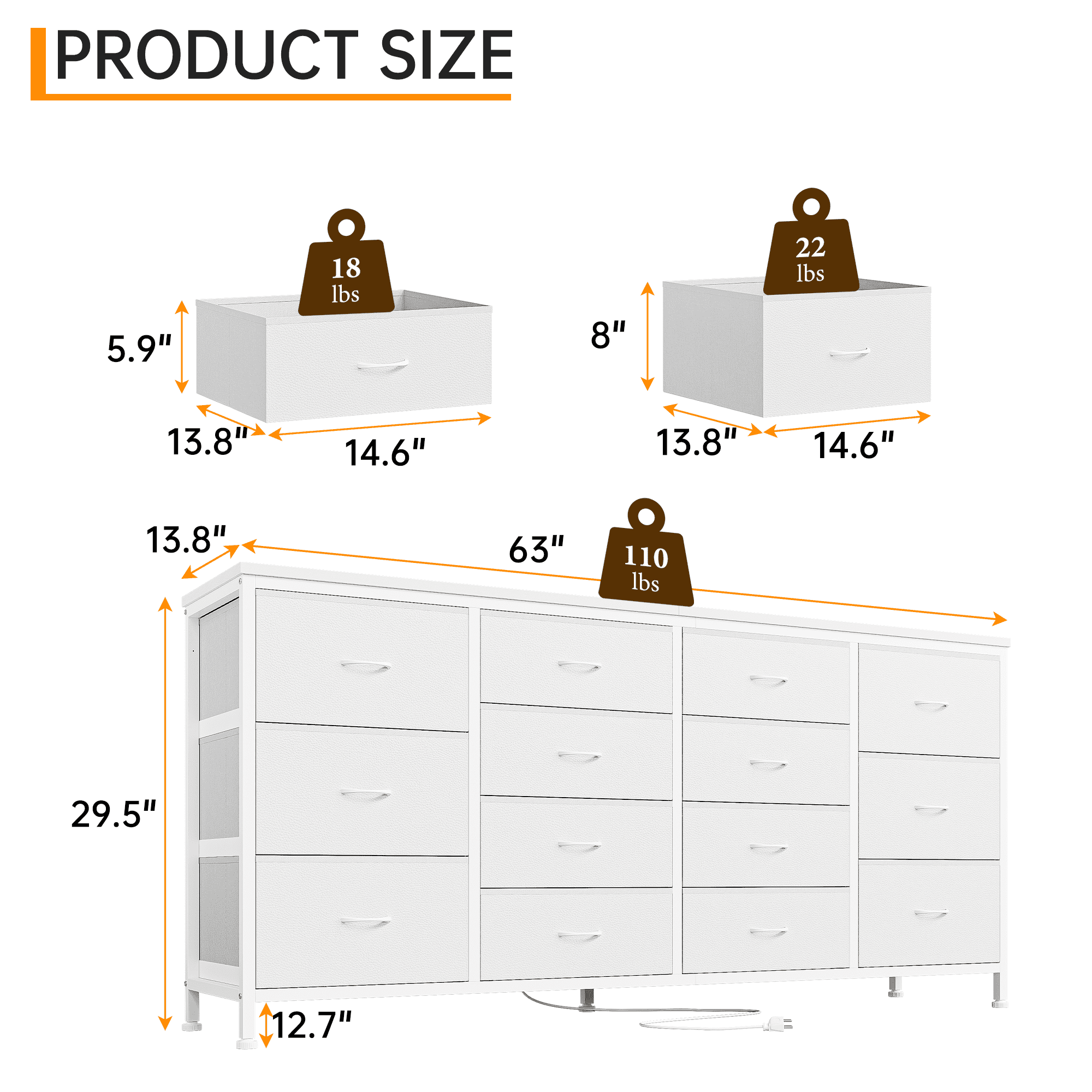 PIONEERWORKS 14-Drawer Dresser TV Stand, 63" Wide Fabric Storage Cabinet with Power Outlets for Bedroom, Entertainment Center for 65-75 Inch TVs, White