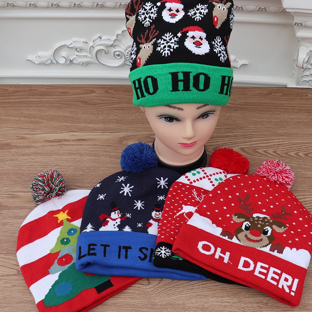 Light Up Christmas Hat LED Christmas Beanie, Cartoon Dog X-mas Knitted Hat for Adults and Kids New Year and X-mas Supplies Red