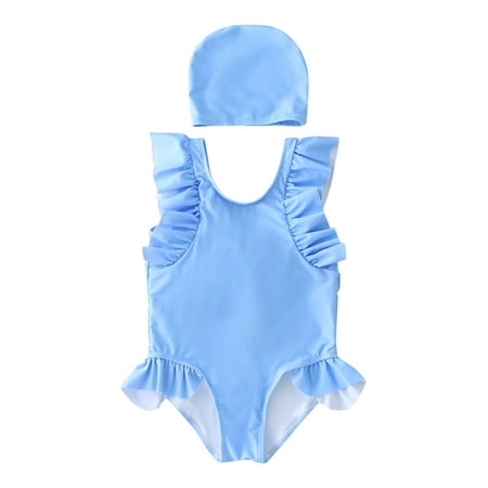 

TAIAOJING Baby Toddler Girl Swimwear One Piece Swimsuit Sleeveless Ruffle With Swimhat Bathing Suit 5-6 Years